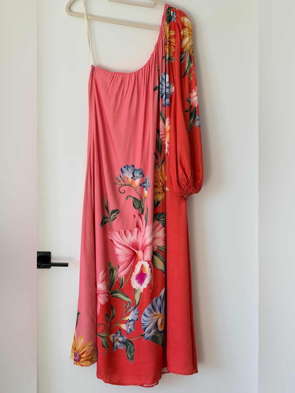 FARM RIO One-Shoulder Coral Floral Maxi Dress